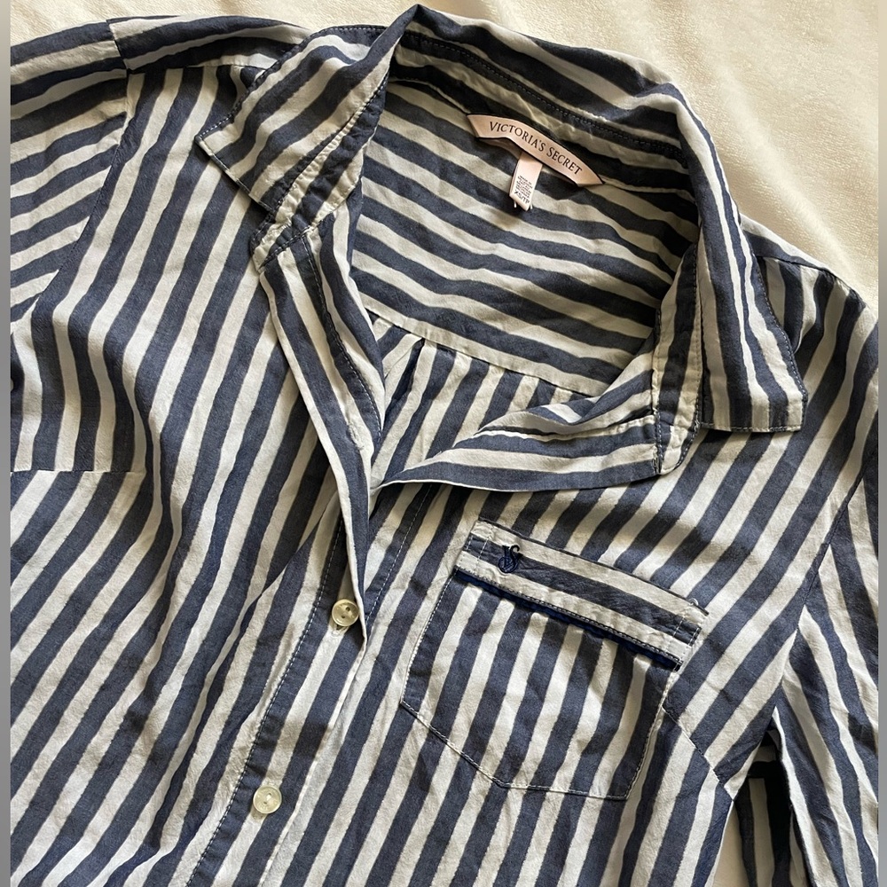 Victoria's‎ Secret Navy and White Sparkle Preppy Button Up Striped Pajama Dress